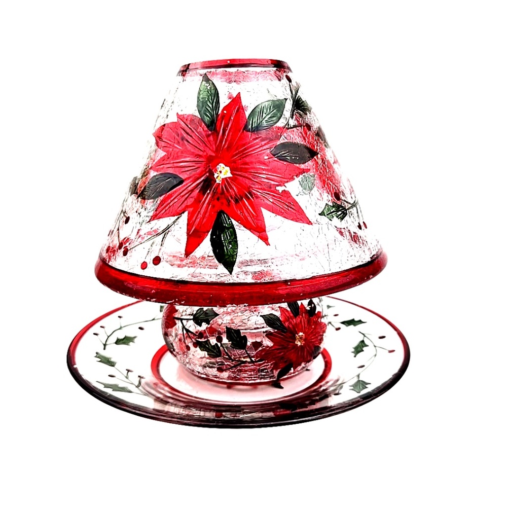 Yankee Candle Holder Poinsettia Cracked Look Glass Tealight Set 3pc Shade